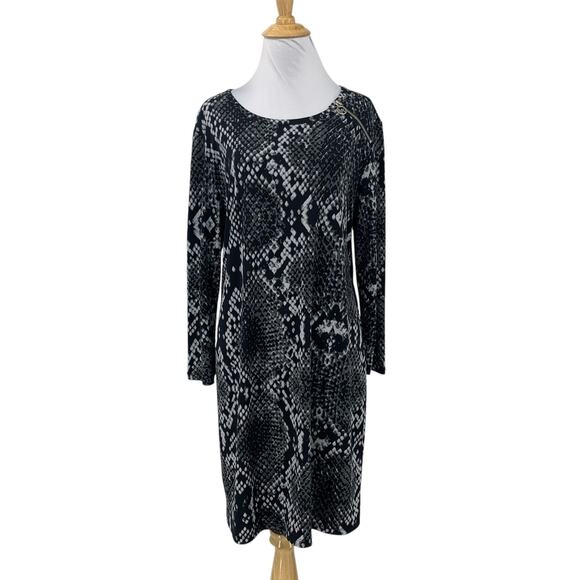 Michael Kors Dress Womens L Large Black Grey Snakeskin Print Long Sleeve Shift - Picture 1 of 12